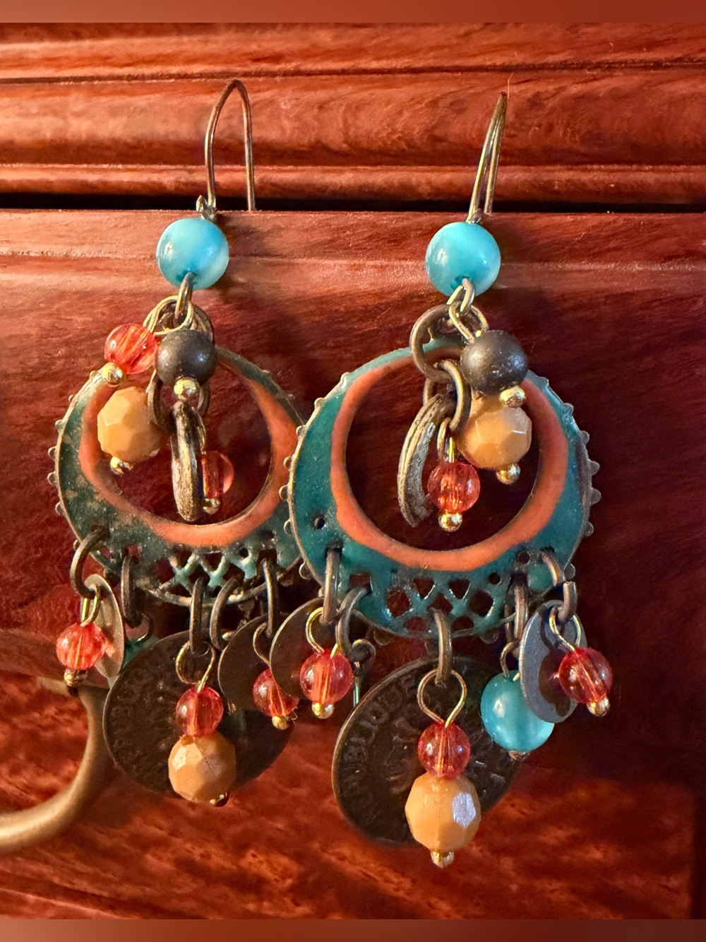 Chico's Turquoise, Orange & Coral Dangle Earrings